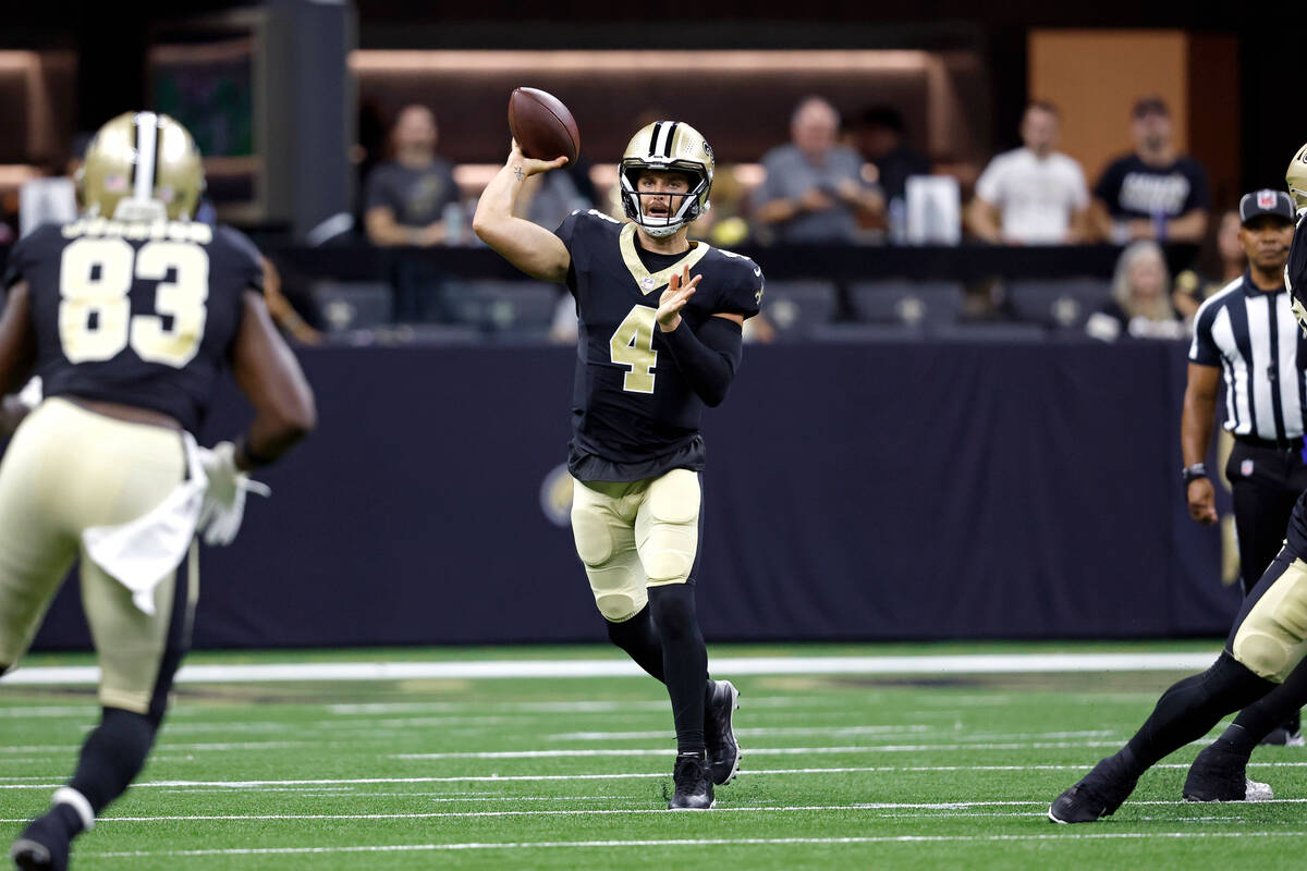 New Orleans Saints quarterback Derek Carr (4) throws the ball during an NFL preseason football ...