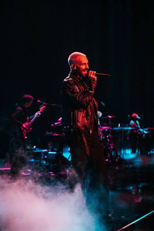 Adam Levine is shown at Maroon 5's "M5LV" show at Dolby Live at Park MGM on Saturday, March 25, ...