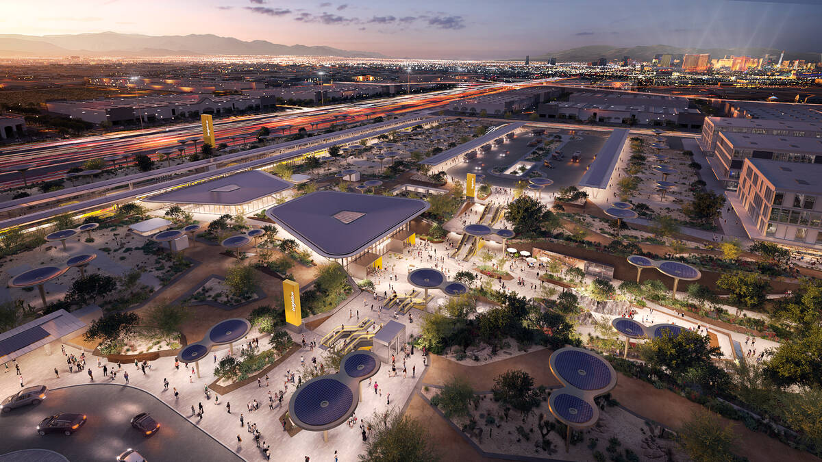 An artist rendering shows what Brightline West's planned Las Vegas high-speed train station wil ...