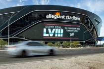 Allegiant Stadium features a 2024 Super Bowl LVII message in December 2021 in Las Vegas. (L.E. ...