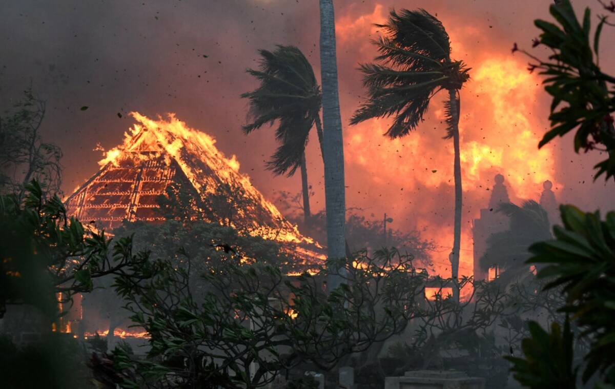 The hall of historic Waiola Church in Lahaina and nearby Lahaina Hongwanji Mission are engulfed ...