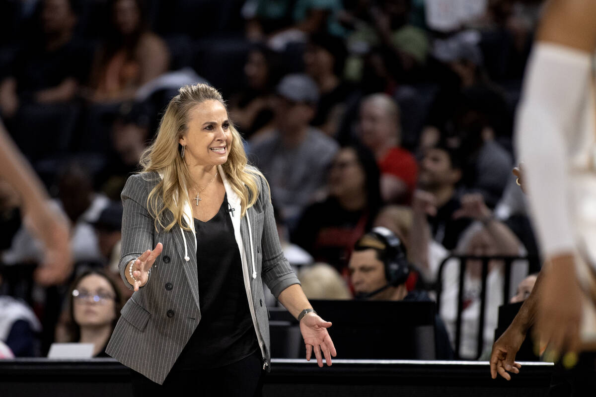 Las Vegas Aces head coach Becky Hammon shouts from the sidelines during the second half of a WN ...