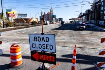 Road Closed and Detour signs are posted at the intersection of Tropicana Avenue and Dean Martin ...