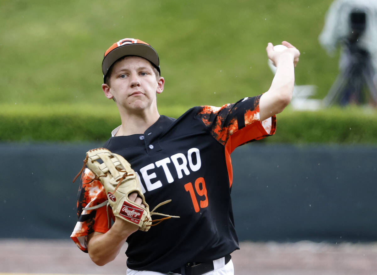 Rhode Island starting pitcher Connor Curtis (19) delivers a pitch against Henderson All-Stars d ...