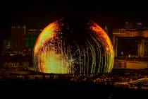 The Sphere illuminates the Las Vegas skyline with a dazzling display to celebrate Independence ...