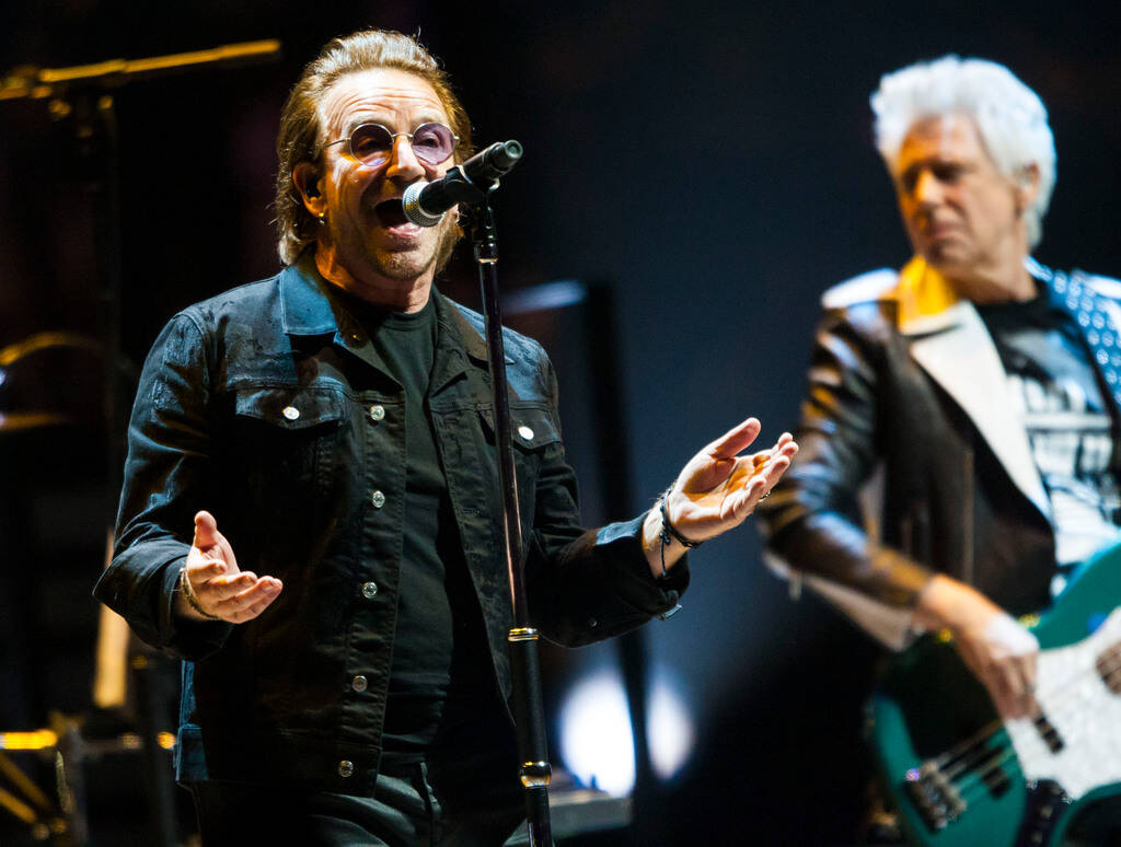 Bono of U2 performs at T-Mobile Arena in Las Vegas on Friday, May 11, 2018. (Chase Stevens/Las ...