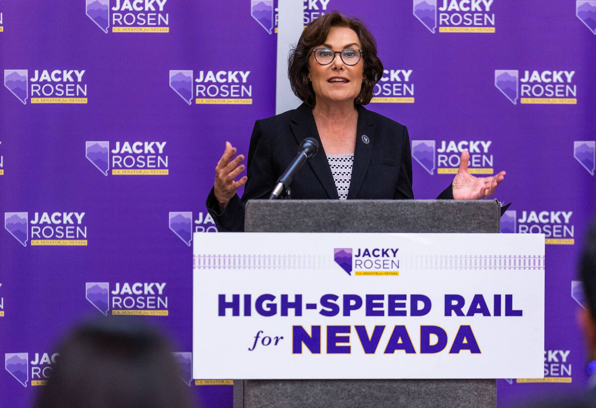 U.S. Senator Jacky Rosen (D-NV) leads a press conference to call on the U.S. Department of Tran ...