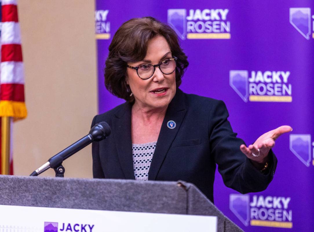 U.S. Senator Jacky Rosen (D-NV) leads a press conference to call on the U.S. Department of Tran ...