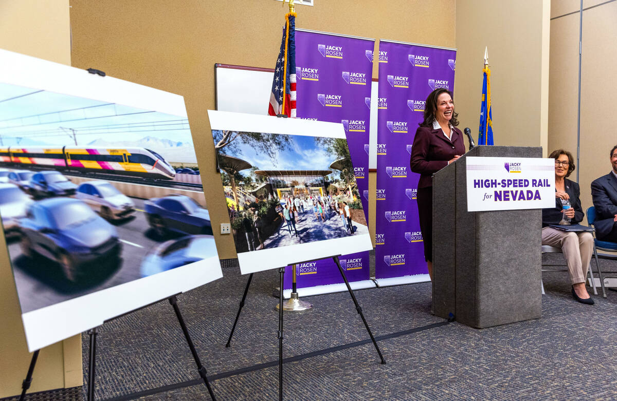 Las Vegas Chamber President and CEO Mary Beth Sewald laughs while speaking during a press confe ...