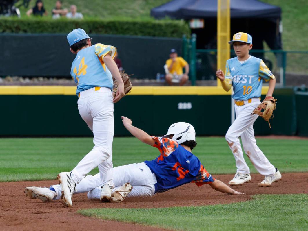 New Albany All-Stars pitcher Kevin Klingerman slides at second and avoids a tag from El Segundo ...