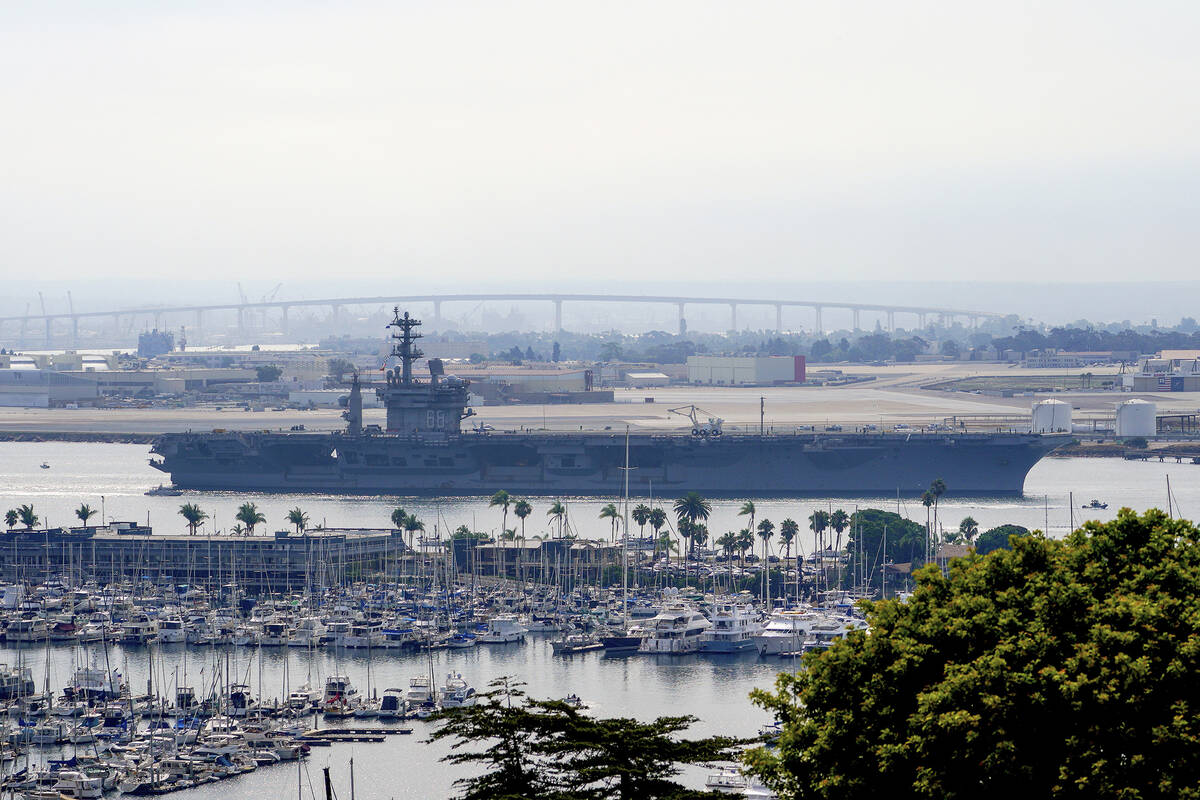 The USS Nimitz (CVN 68) departs San Diego Bay, Saturday, Aug. 19, 2023, at Mission Beach, in Sa ...