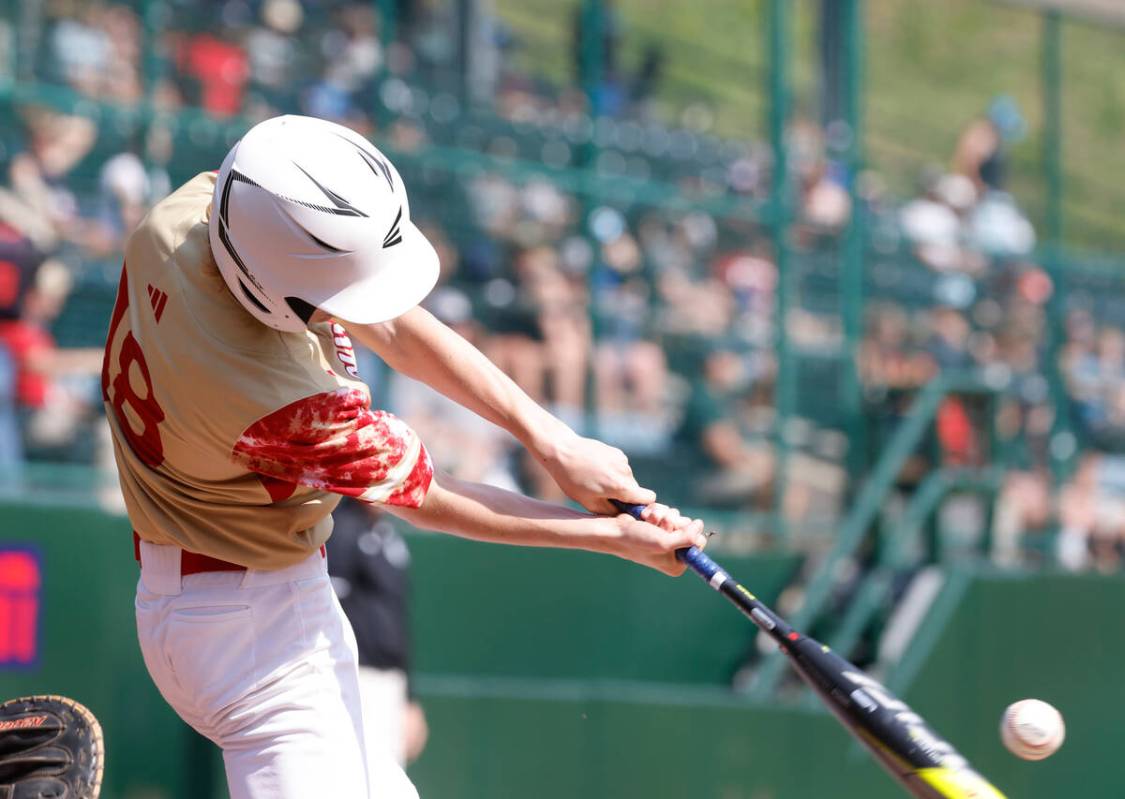 The Henderson All-Stars centerfield Nolan Gifford connects for a solo home run against Fargo, N ...