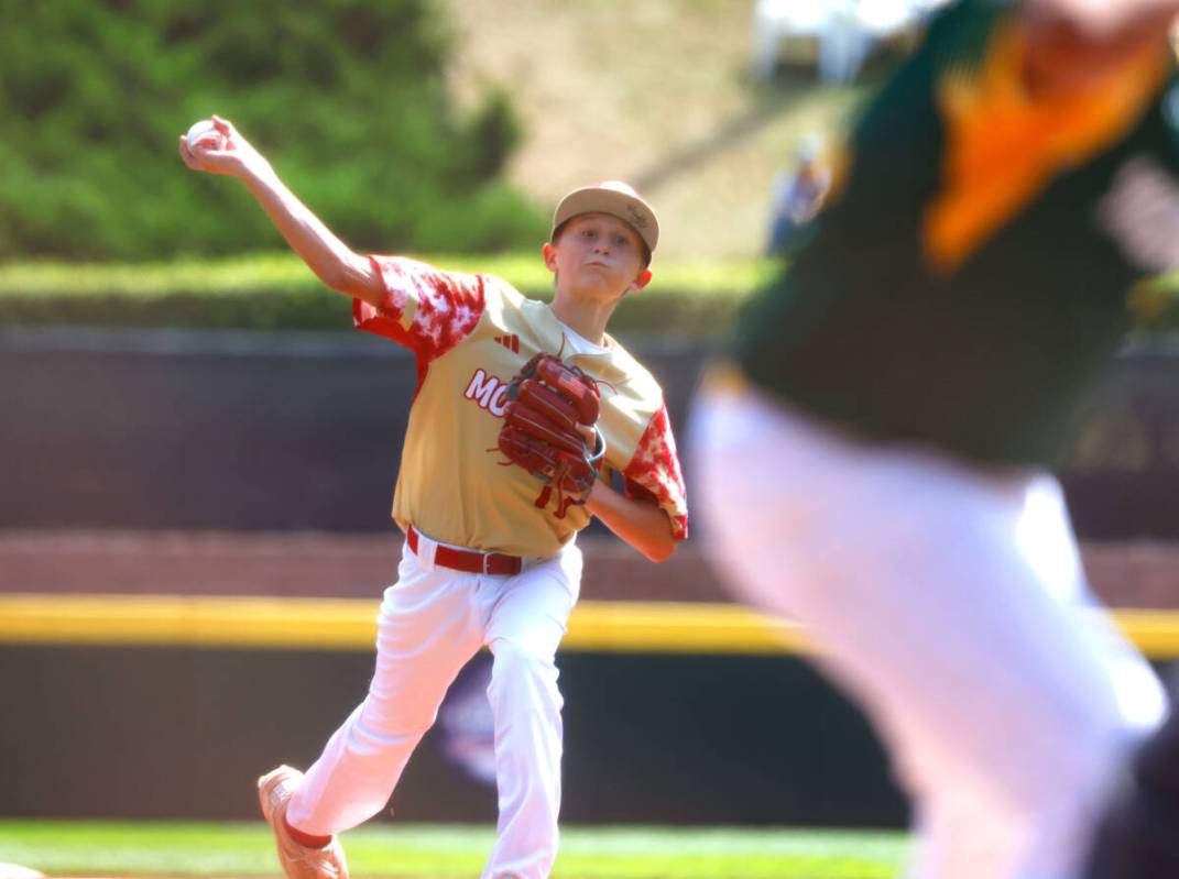 The Henderson All-Stars pitcher Jaxson McMullin delivers a pitch against Fargo, North Dakota, d ...