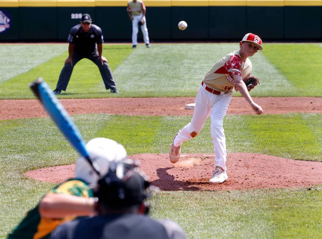 The Henderson All-Stars pitcher Jaxson McMullin delivers a pitch against Fargo, North Dakota, d ...