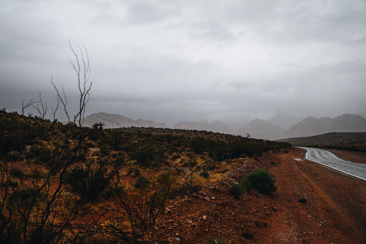 Storms brew in the sky from Hurricane Hilary in the Red Rock National Conservation Area on Sund ...