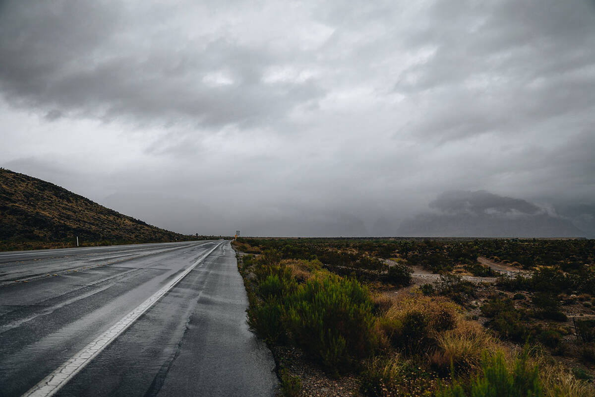 Storms brew in the sky from Hurricane Hilary in the Red Rock National Conservation Area on Sund ...