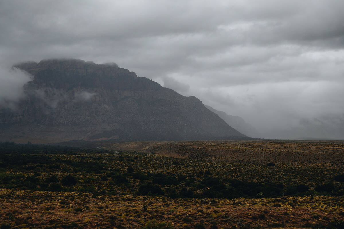 Storms brew in the sky from Hurricane Hilary in the Red Rock National Conservation Area on Sund ...