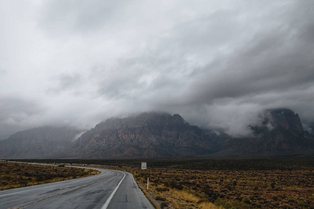 Storms brew in the sky from Hurricane Hilary in the Red Rock National Conservation Area on Sund ...