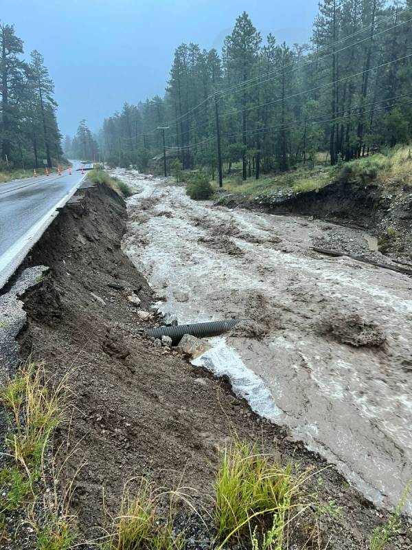 Flood damage in Mount Charleston following tropical storm Hilary on Monday, Aug. 21, 2023. (Mou ...