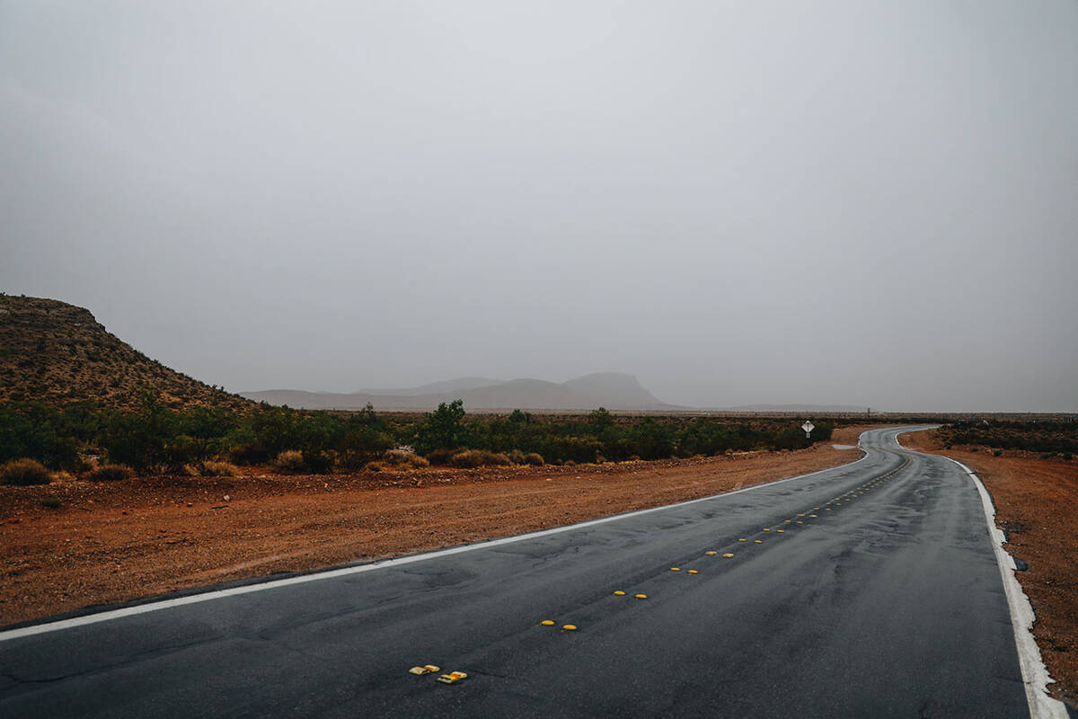 Storms brew in the sky from Hurricane Hilary in the Red Rock National Conservation Area on Sund ...