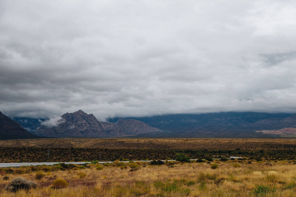 Storms brew in the sky from Hurricane Hilary in the Red Rock National Conservation Area on Sund ...