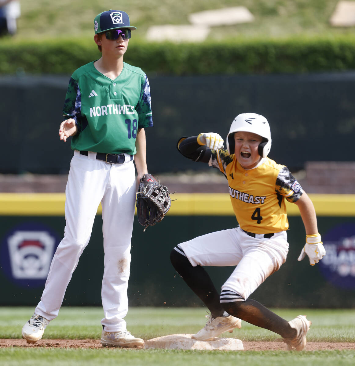 Nolensville, Tennessee, second baseman Turner Blalock (4) reacts after hitting a double as Seat ...