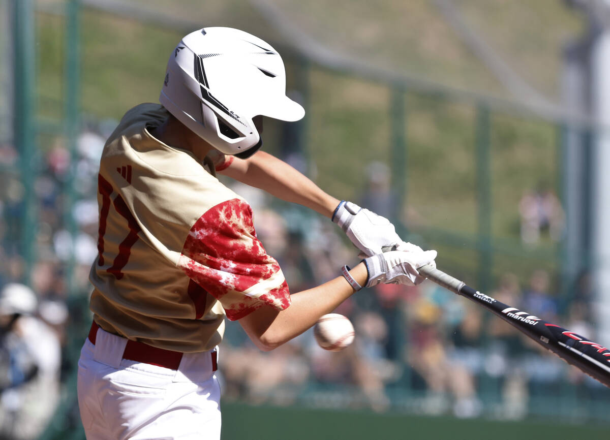 The Henderson All-Stars first baseman Jaxson McMullen swings and misses the ball against Nolens ...