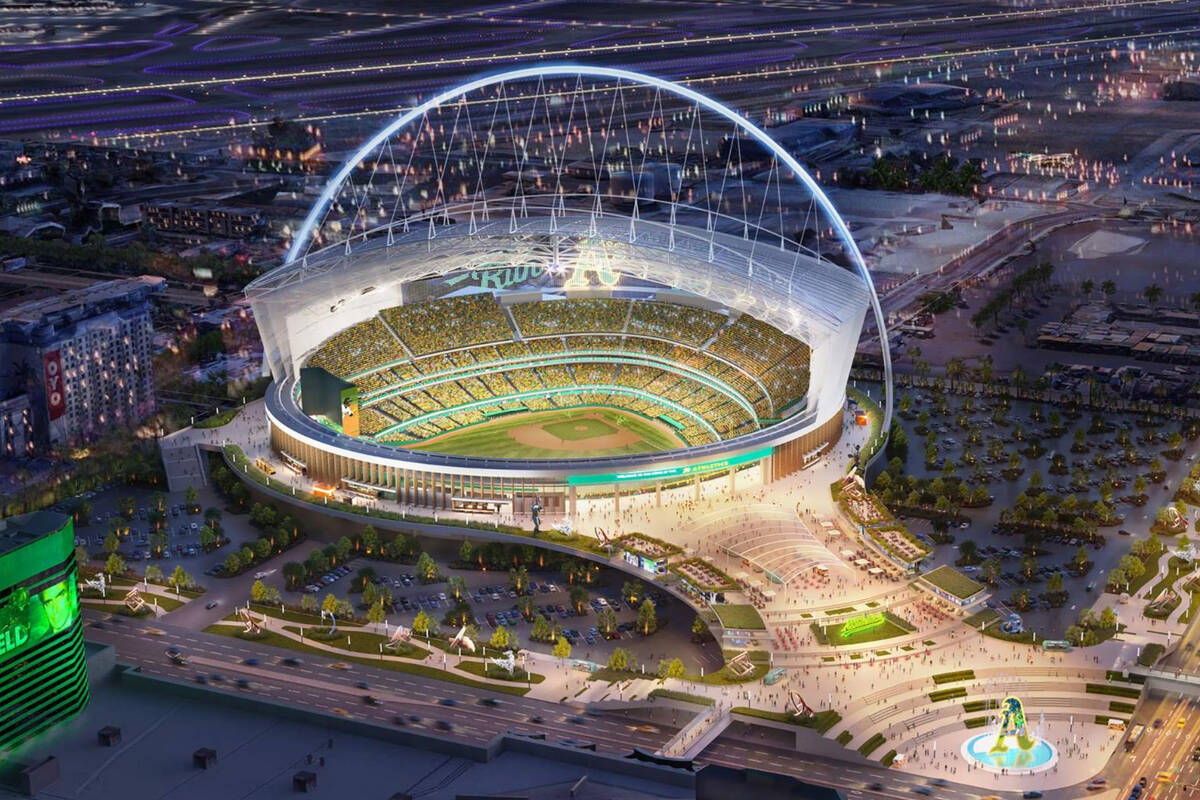 This rendering provided by the Oakland Athletics on May 26, 2023, shows a view of their propose ...