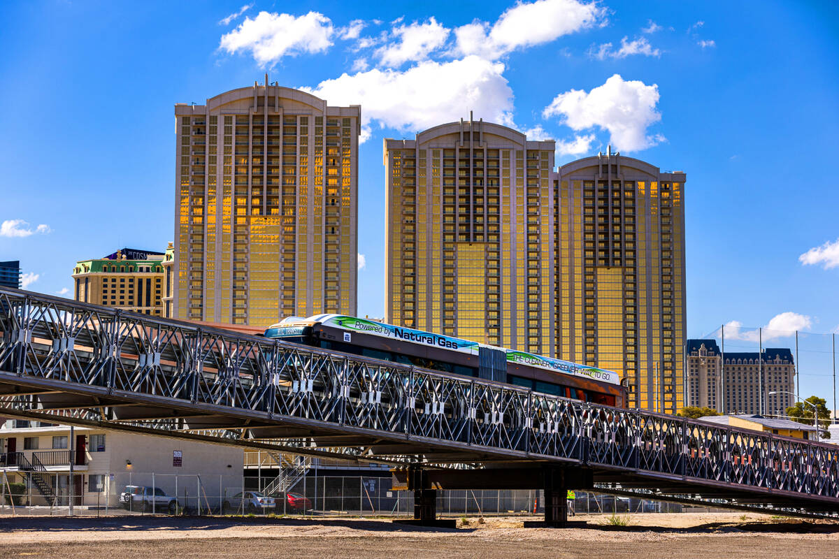 An RTC bus drives across a span as the Las Vegas Grand Prix, Inc. gives a preview of the tempor ...