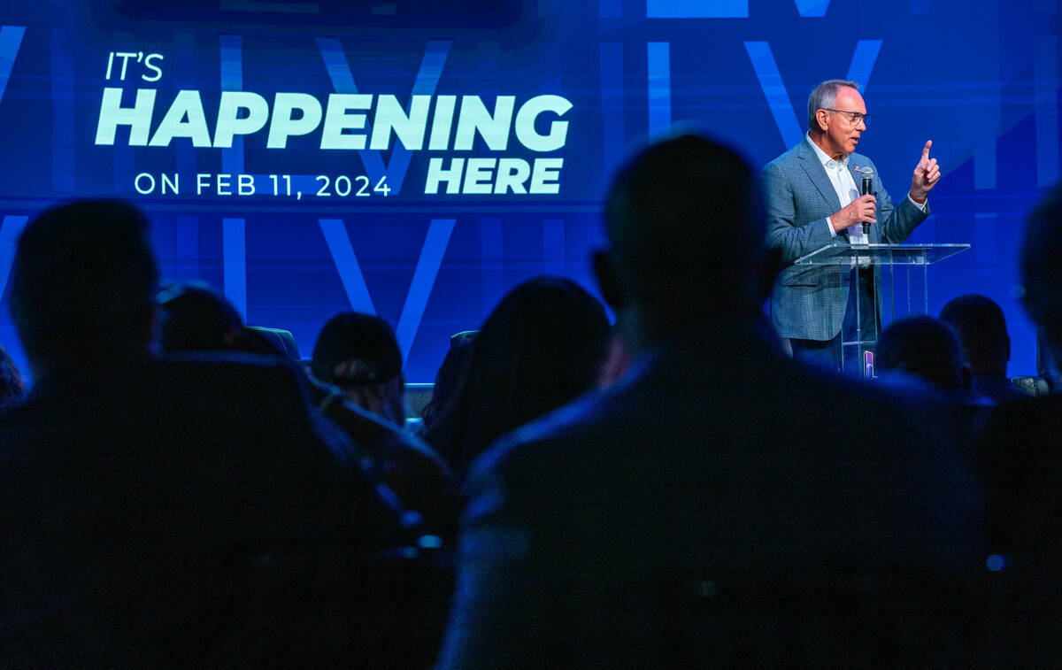 Clark County Commissioner Jim Gibson speaks on stage as the National Football League and the La ...