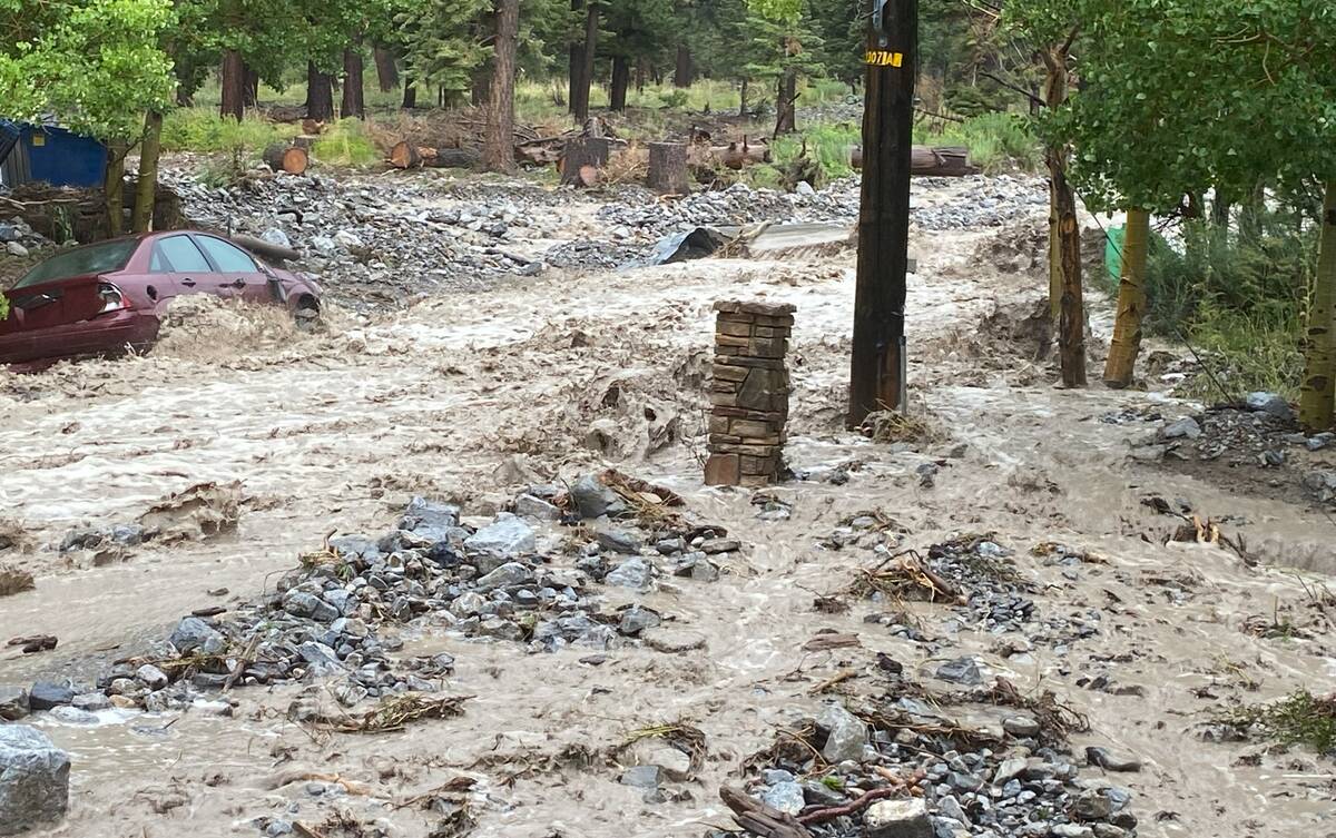 Heavy storm runoff at the Echo subdivision on Mount Charleston on Monday, Aug. 21, 2023. (Brend ...