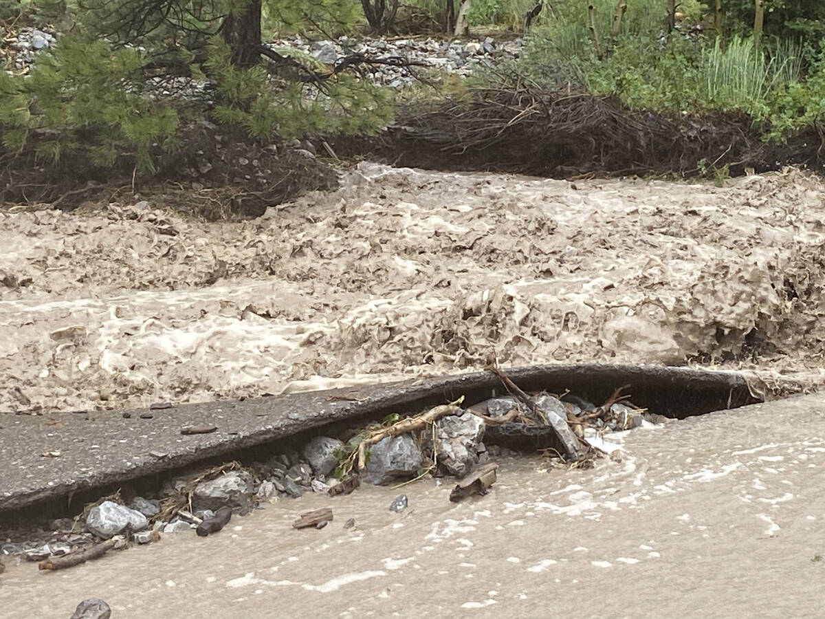 Heavy storm runoff at the Echo subdivision on Mount Charleston on Monday, Aug. 21, 2023. (Brend ...