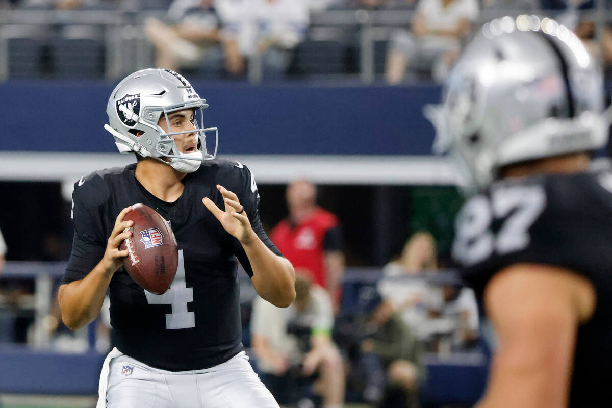 Las Vegas Raiders quarterback Aidan O'Connell (4) prepares to throw a pass in the first half of ...