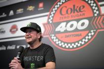 Kurt Busch answers questions from reporters after announcing his retirement before a NASCAR Cup ...