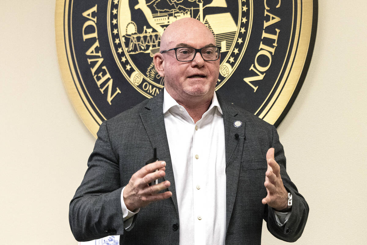 Byron Brooks, chairman of the state's Board of Regents, speaks during the Nevada System of High ...