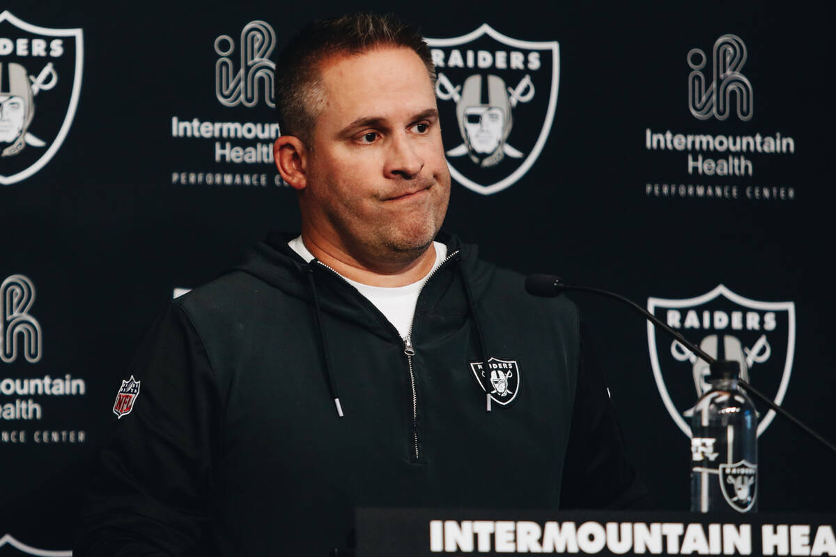 Raiders head coach Josh McDaniels speaks to the media during a press availability at the Interm ...