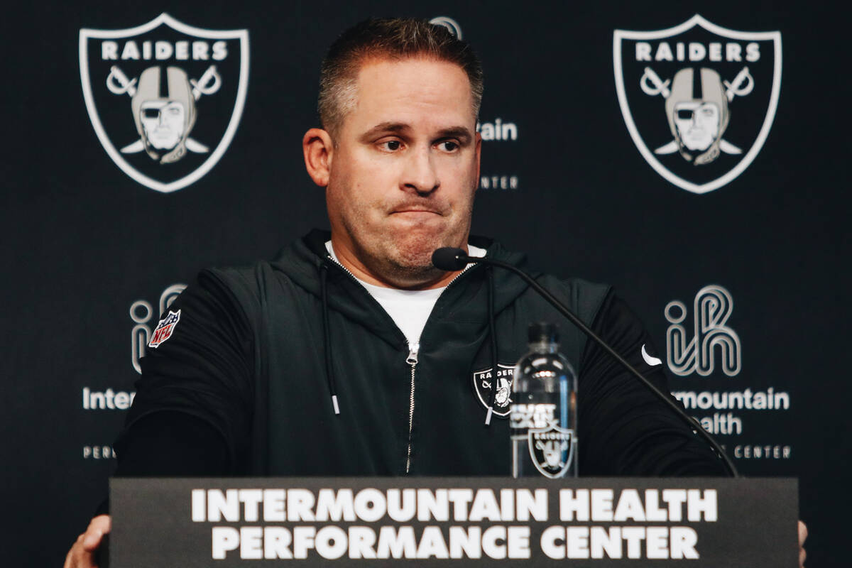 Raiders head coach Josh McDaniels speaks to the media during a press availability at the Interm ...