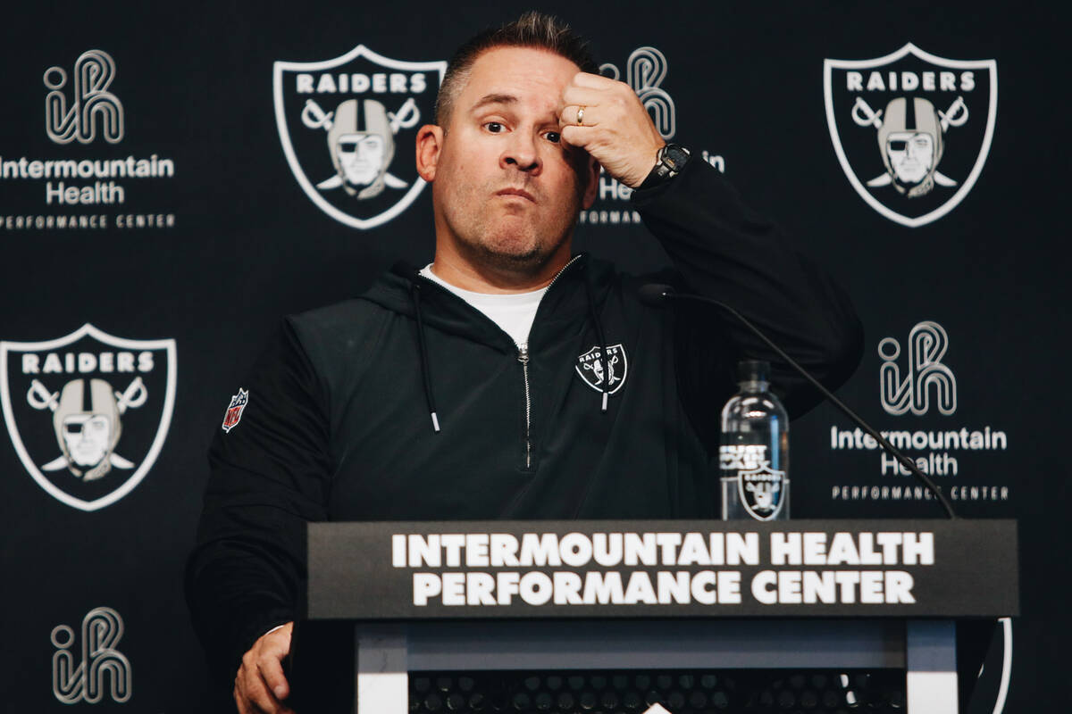 Raiders head coach Josh McDaniels speaks to the media during a press availability at the Interm ...