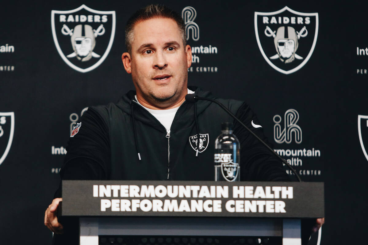 Raiders head coach Josh McDaniels speaks to the media during a press availability at the Interm ...