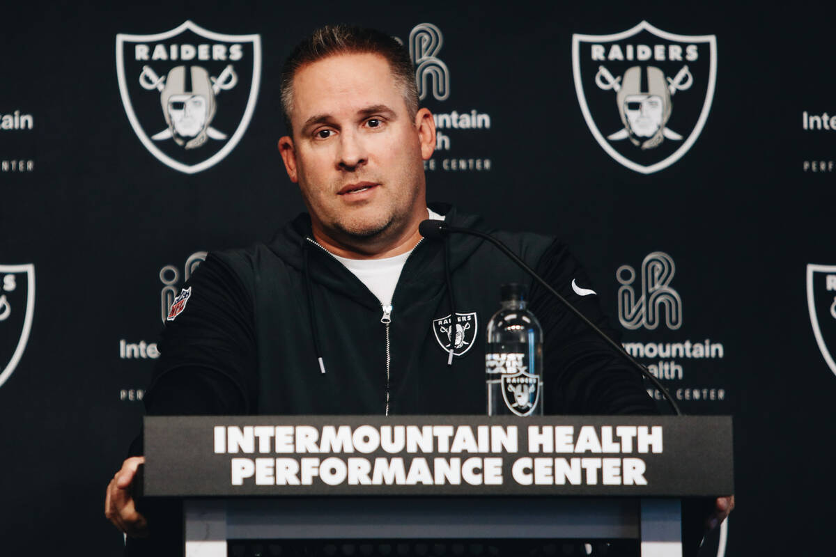 Raiders head coach Josh McDaniels speaks to the media during a press availability at the Interm ...