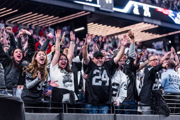 Raiders fans celebrate after a late-game score against the New England Patriots during the seco ...