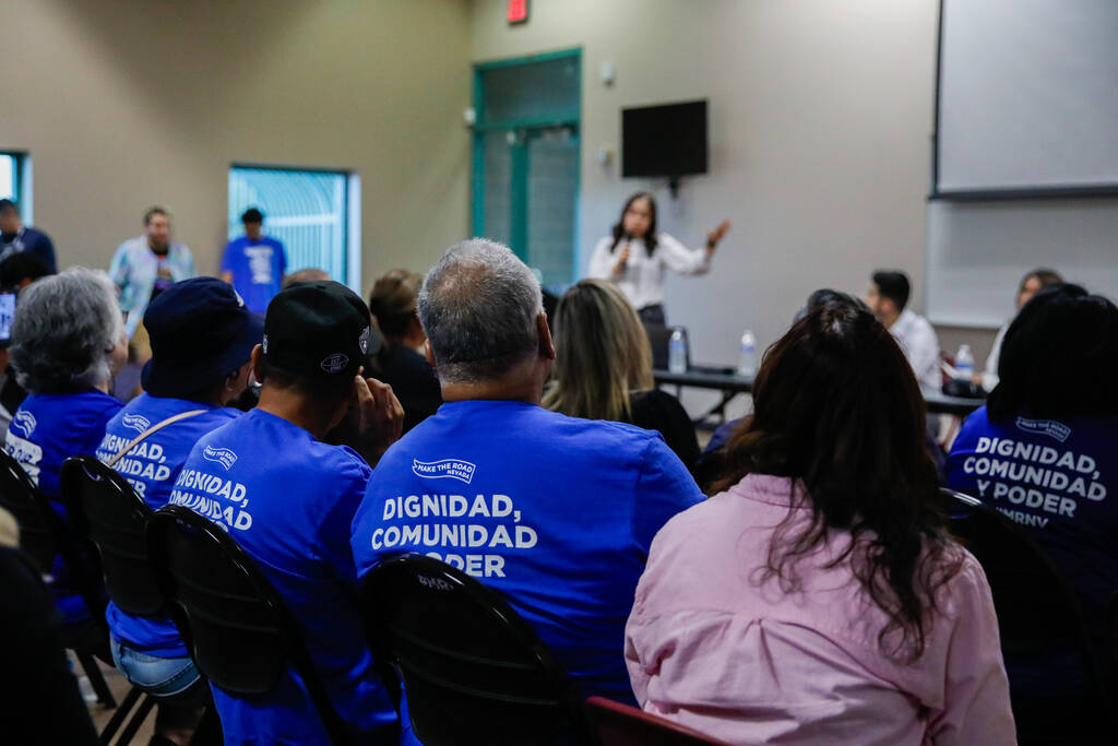 Members of Make The Road Nevada listen to Deputy Secretary of State Maggie Salas Crespo explain ...