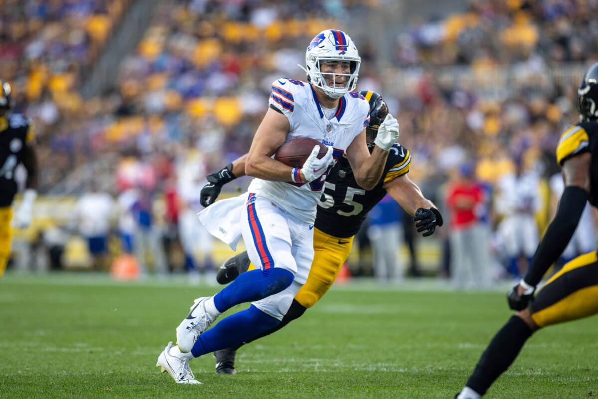 Buffalo Bills tight end Dalton Kincaid (86) runs after a catch during an NFL football game, Sun ...