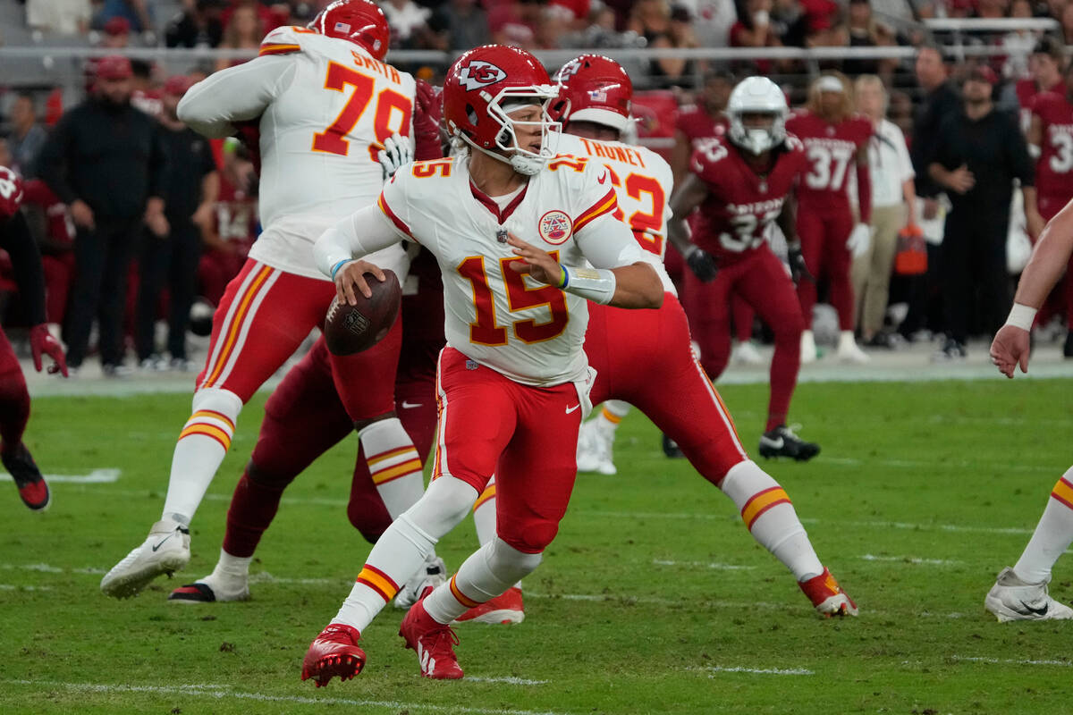 Kansas City Chiefs quarterback Patrick Mahomes (15) looks to throw against the Arizona Cardinal ...