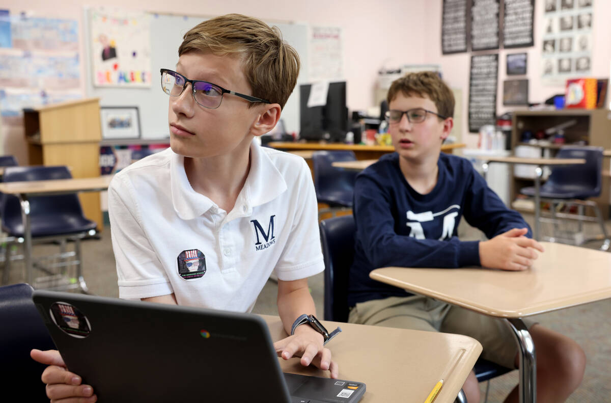 Sixth grader William Russman, left, and seventh grader Elliot Lefebvre talk to a reporter at Th ...