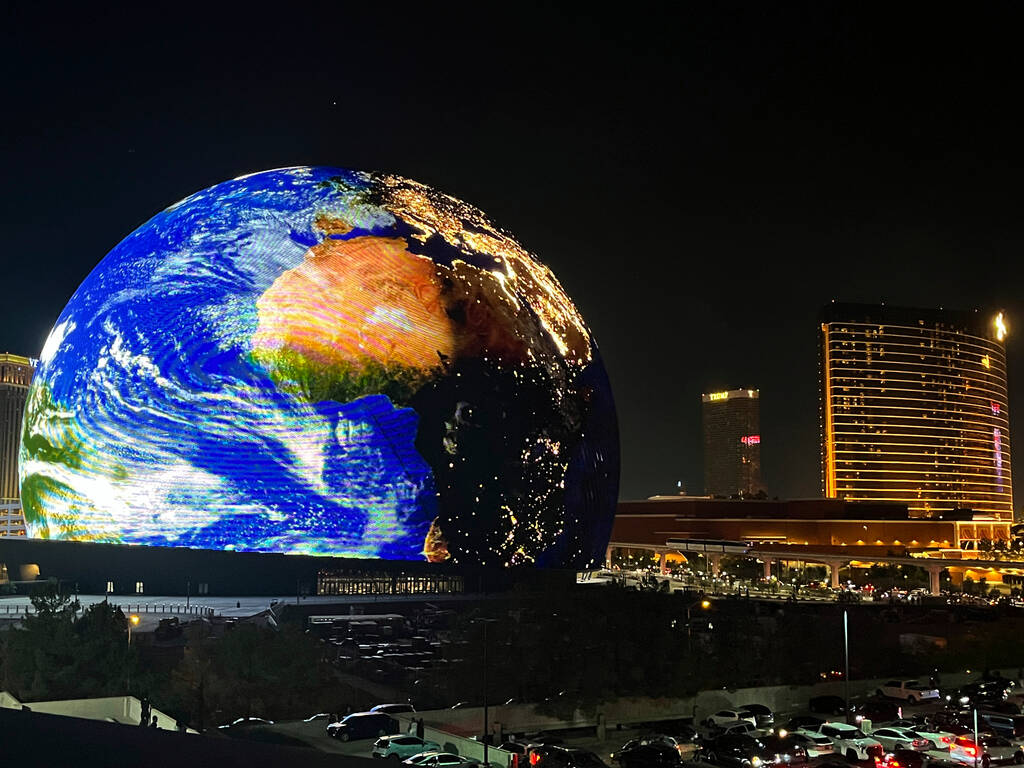 The MSG Sphere illuminates the Las Vegas skyline with a display to celebrate Independence Day a ...