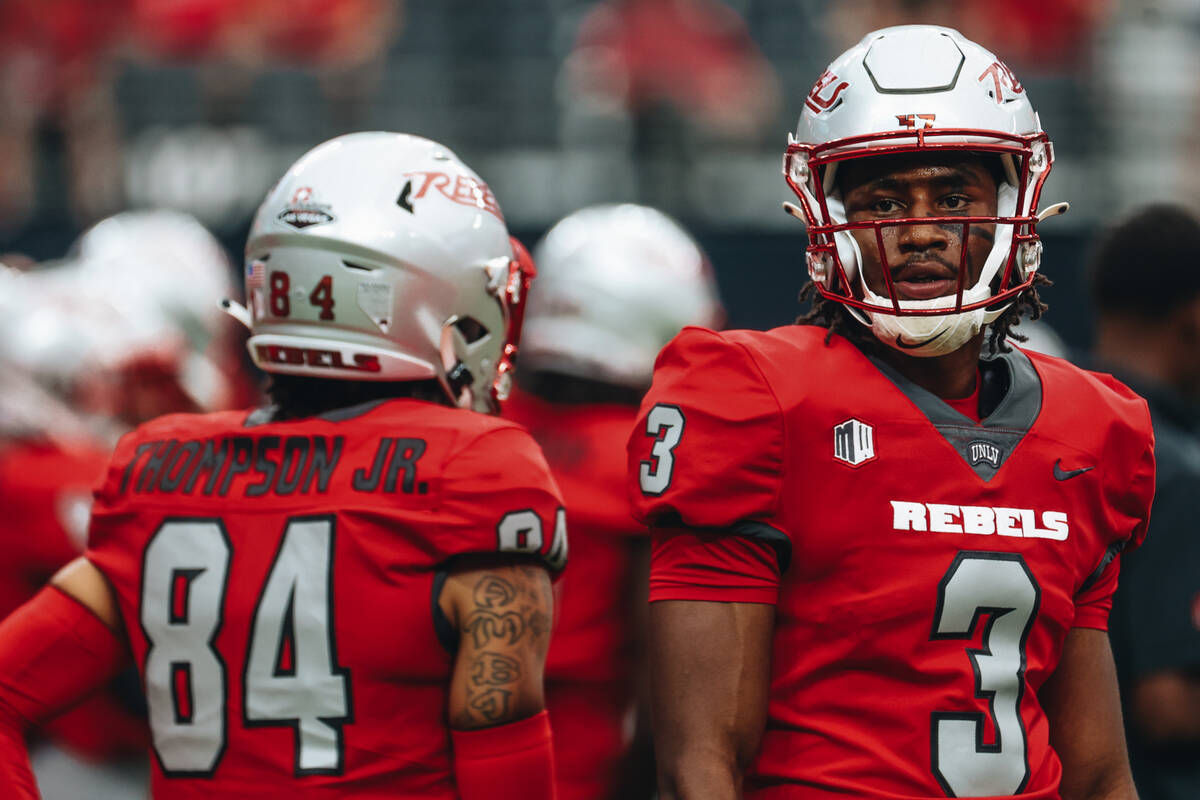 UNLV wide receiver Zyell Griffin (3) stands on the field during warm ups before a game against ...