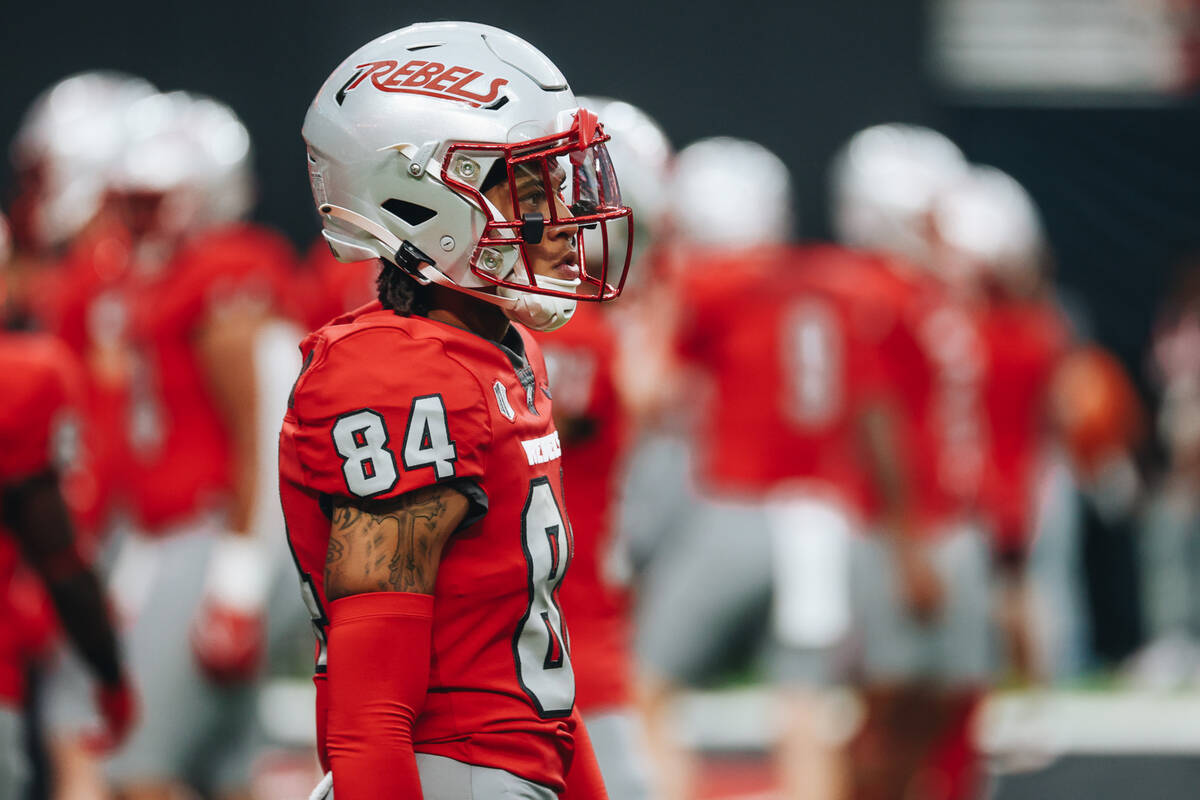 UNLV wide receiver Corey Thompson Jr. stands on the field during warm ups before a game against ...