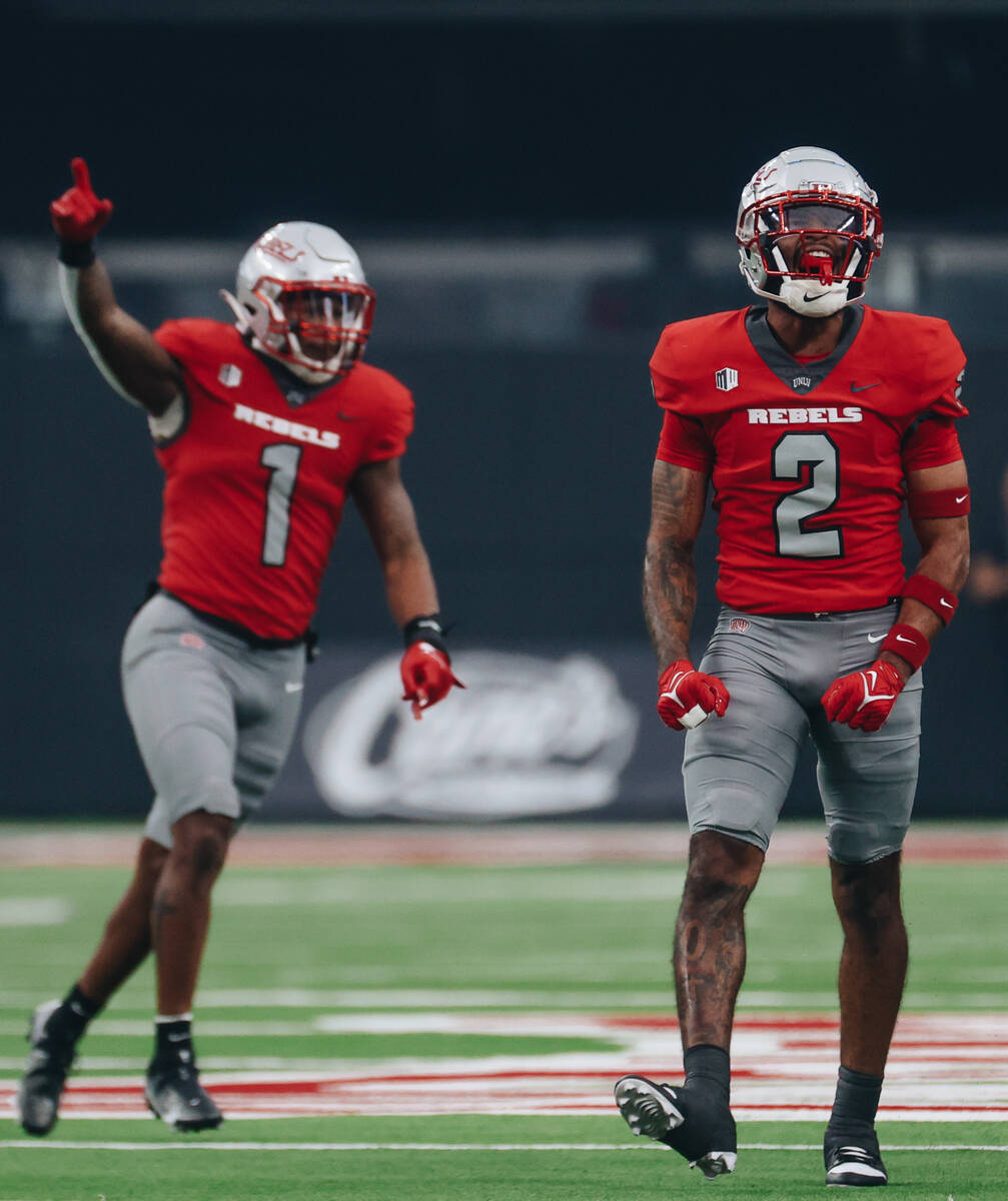 UNLV defensive back Jerrae Williams (1) celebrates during a game against Bryant at Allegiant St ...