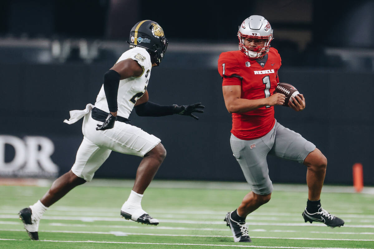 UNLV qurterback Jayden Maiava runs the ball during a game against Bryant at Allegiant Stadium o ...